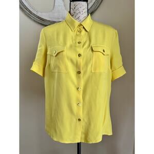 Louben Women’s 100% Silk Yellow Button Down Blouse Short Sleeve Size M